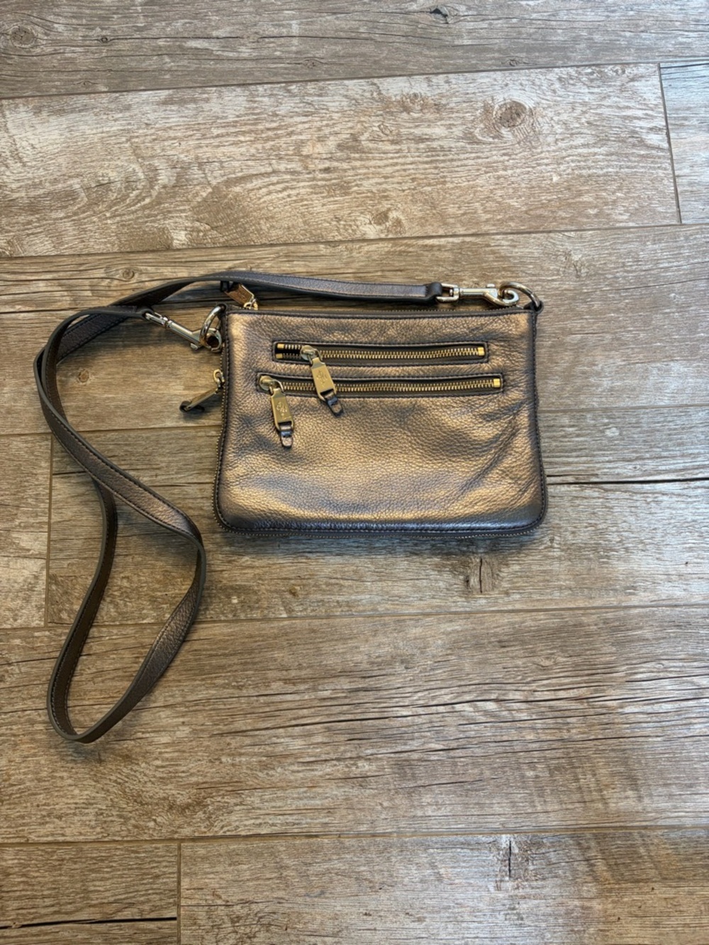 Cole Haan Women's Metallic Pewter Crossbody Bag with Front Zippers Perfect